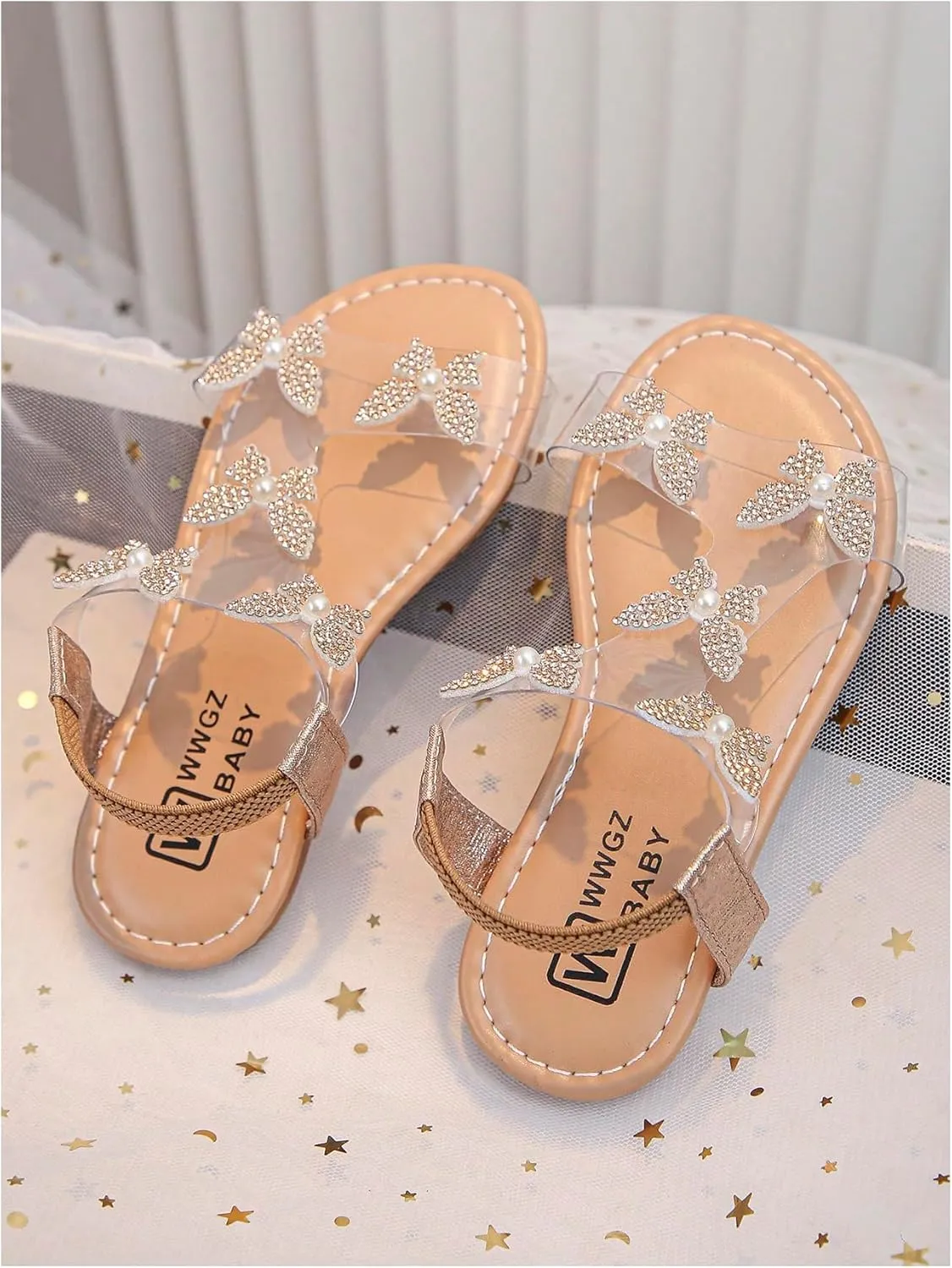 GORGLITTER Girl's Sandals Clear Butterfly Rhinestone Glitter Ankle Strap Flat Sandals Summer Beach Vacation Sandal