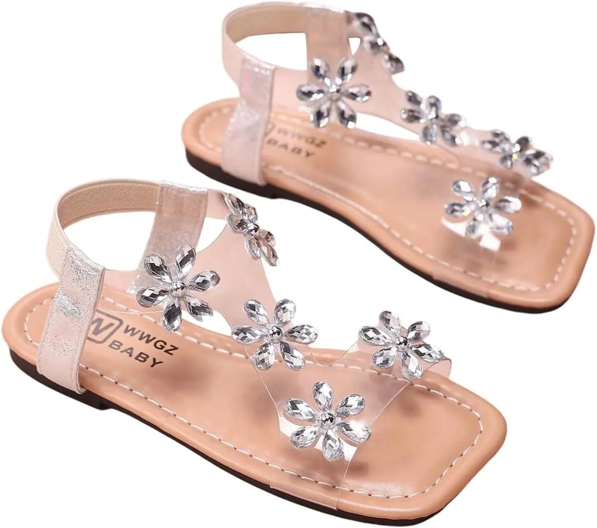 GORGLITTER Girl's Sandals Clear Butterfly Rhinestone Glitter Ankle Strap Flat Sandals Summer Beach Vacation Sandal