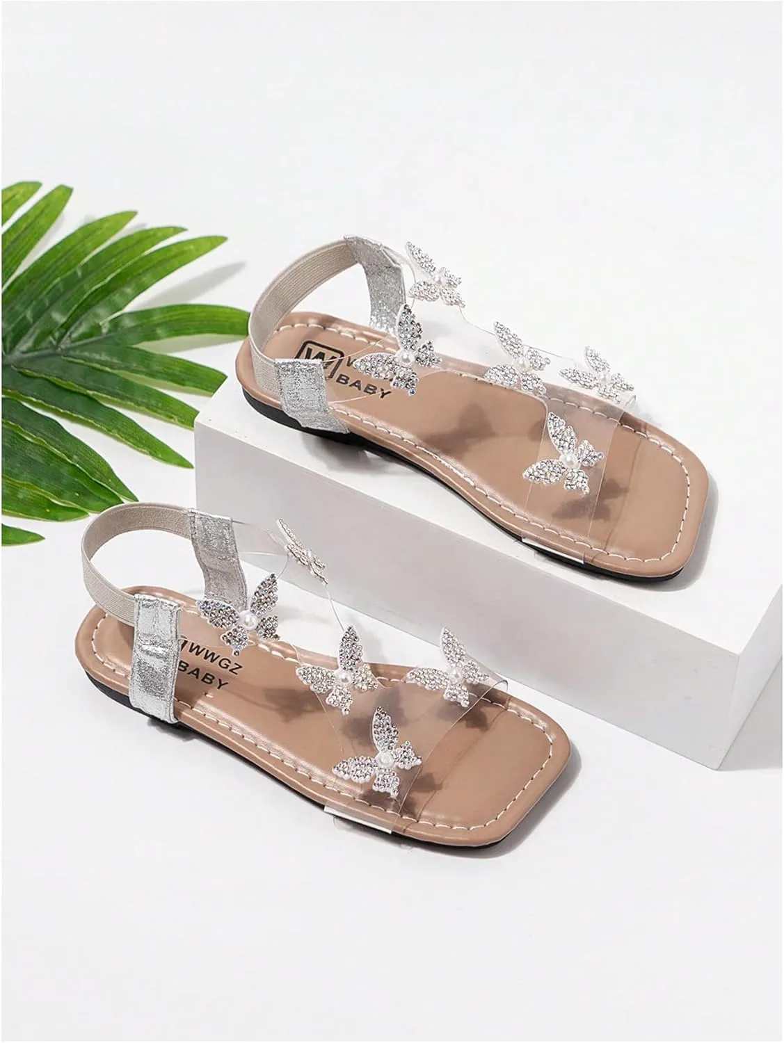 GORGLITTER Girl's Sandals Clear Butterfly Rhinestone Glitter Ankle Strap Flat Sandals Summer Beach Vacation Sandal