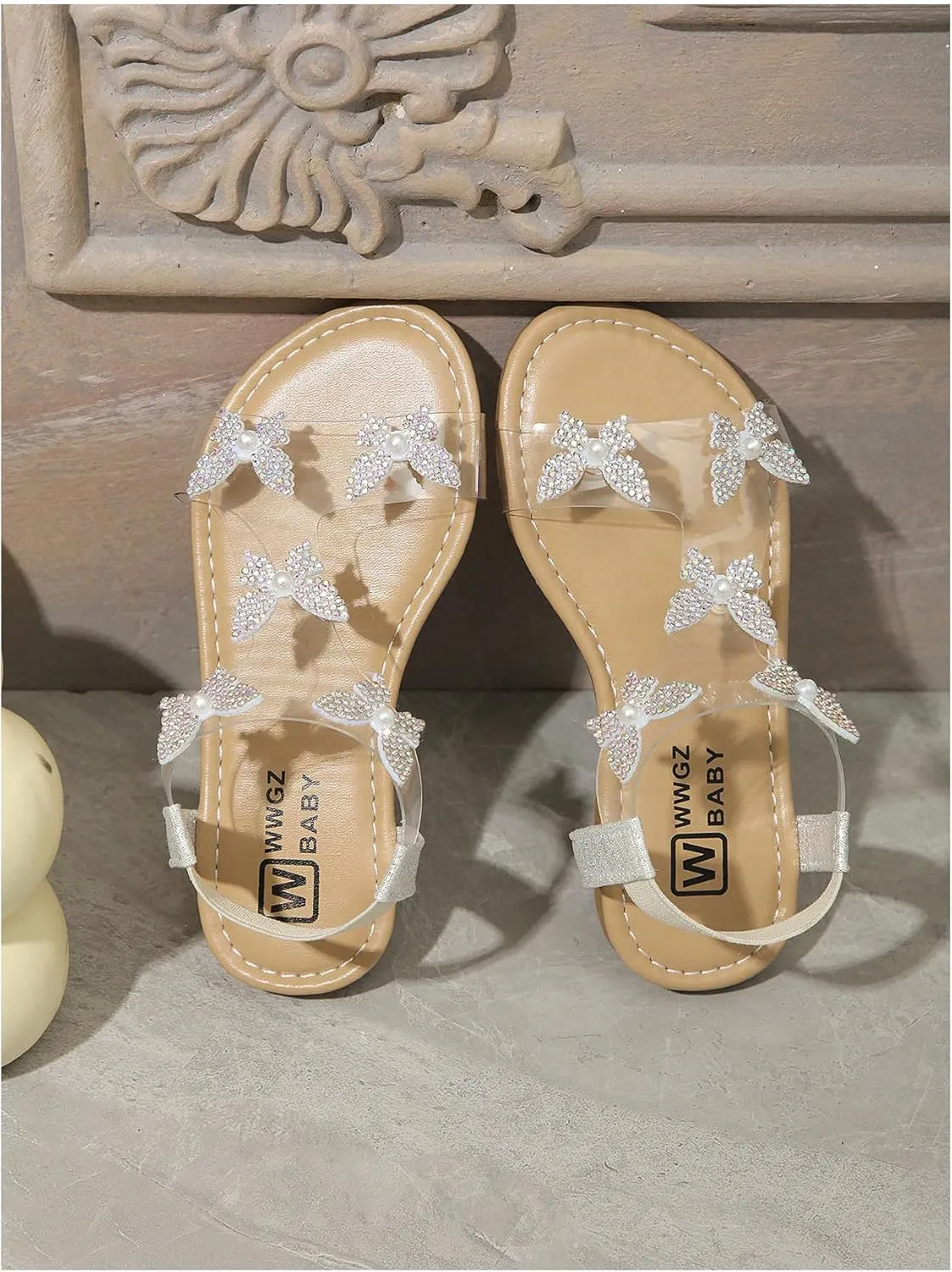 GORGLITTER Girl's Sandals Clear Butterfly Rhinestone Glitter Ankle Strap Flat Sandals Summer Beach Vacation Sandal