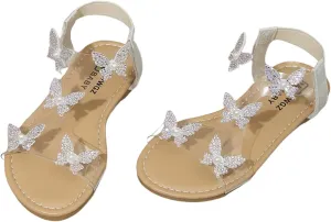 GORGLITTER Girl's Sandals Clear Butterfly Rhinestone Glitter Ankle Strap Flat Sandals Summer Beach Vacation Sandal