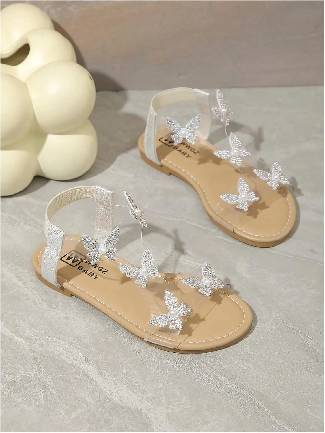 GORGLITTER Girl's Sandals Clear Butterfly Rhinestone Glitter Ankle Strap Flat Sandals Summer Beach Vacation Sandal