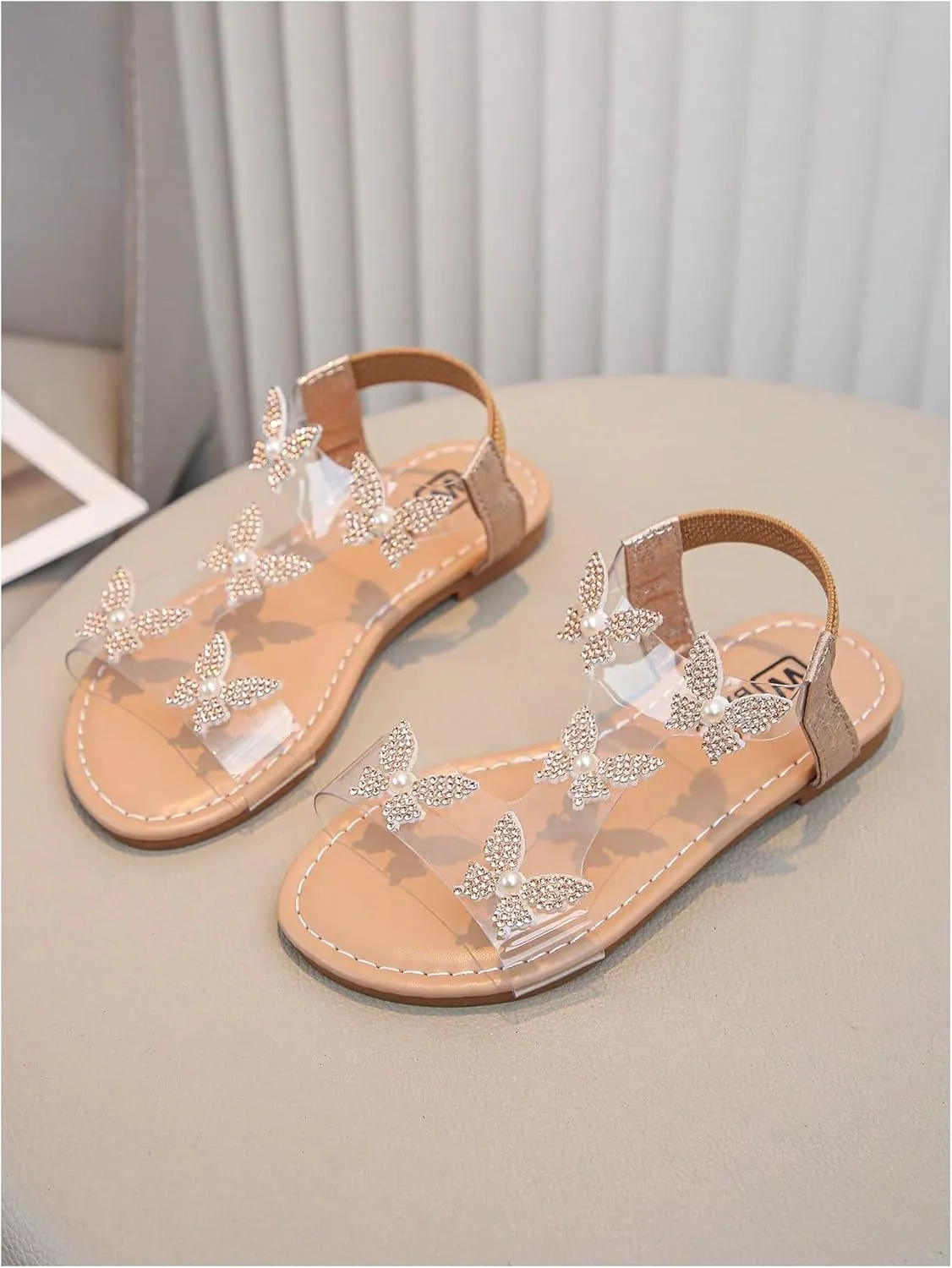 GORGLITTER Girl's Sandals Clear Butterfly Rhinestone Glitter Ankle Strap Flat Sandals Summer Beach Vacation Sandal