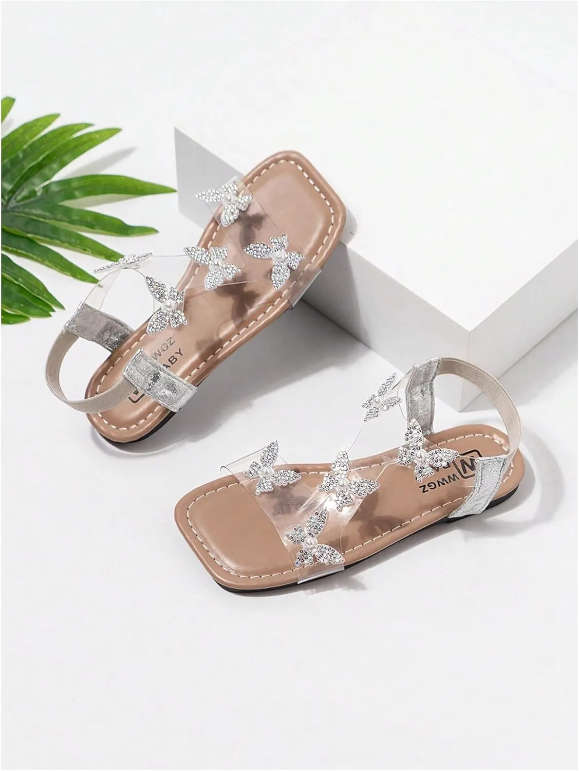 GORGLITTER Girl's Sandals Clear Butterfly Rhinestone Glitter Ankle Strap Flat Sandals Summer Beach Vacation Sandal