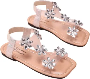 GORGLITTER Girl's Sandals Clear Butterfly Rhinestone Glitter Ankle Strap Flat Sandals Summer Beach Vacation Sandal