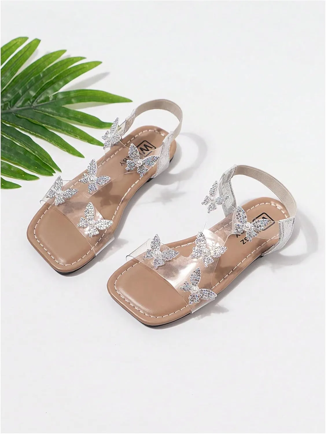 GORGLITTER Girl's Sandals Clear Butterfly Rhinestone Glitter Ankle Strap Flat Sandals Summer Beach Vacation Sandal