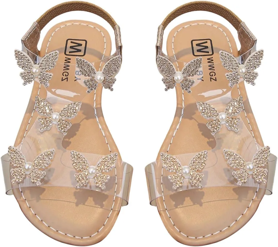 GORGLITTER Girl's Sandals Clear Butterfly Rhinestone Glitter Ankle Strap Flat Sandals Summer Beach Vacation Sandal