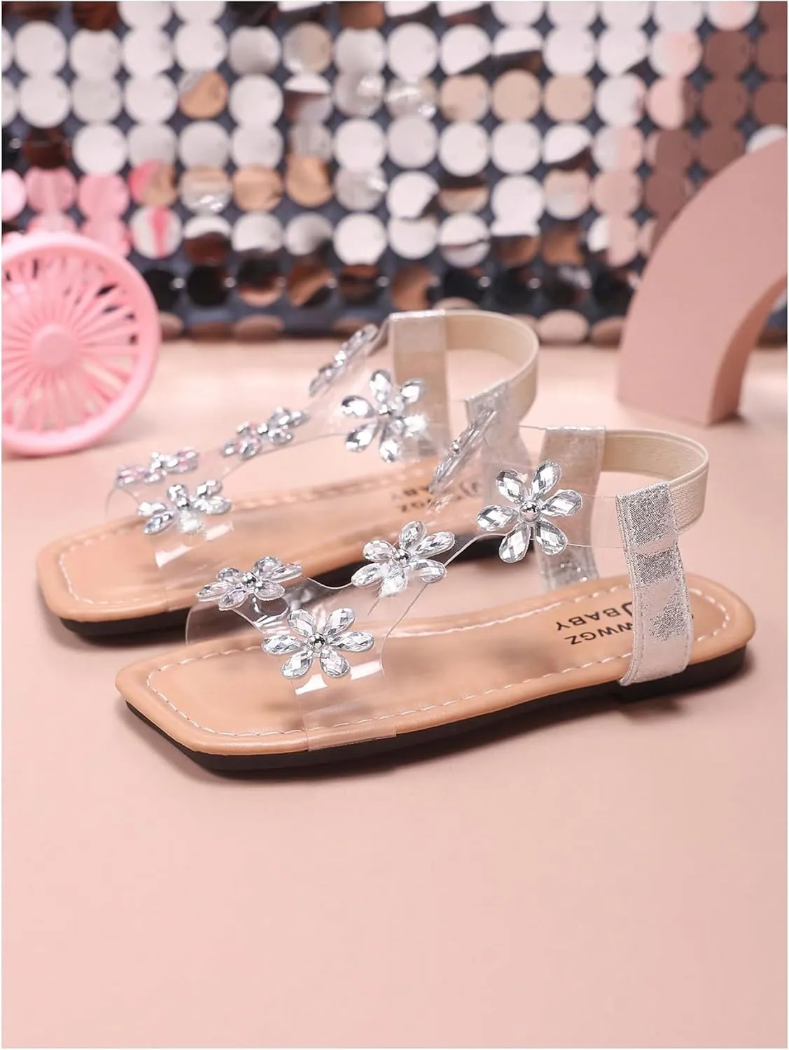 GORGLITTER Girl's Sandals Clear Butterfly Rhinestone Glitter Ankle Strap Flat Sandals Summer Beach Vacation Sandal