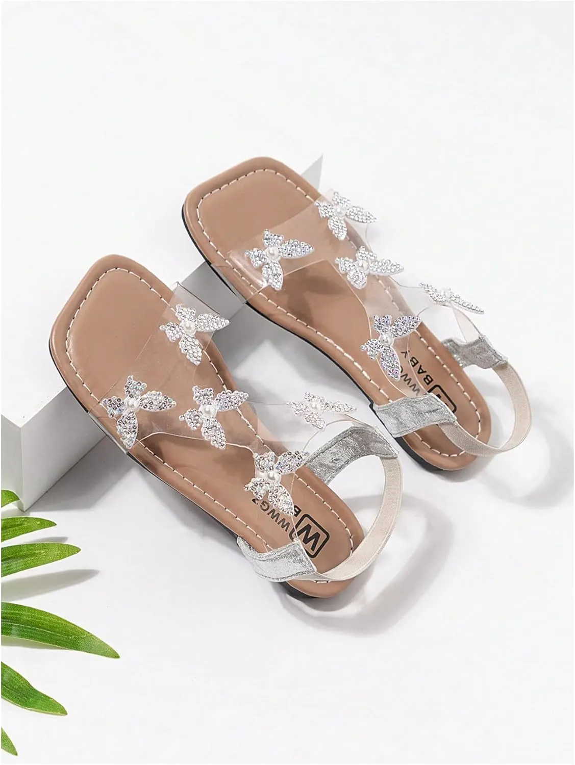 GORGLITTER Girl's Sandals Clear Butterfly Rhinestone Glitter Ankle Strap Flat Sandals Summer Beach Vacation Sandal