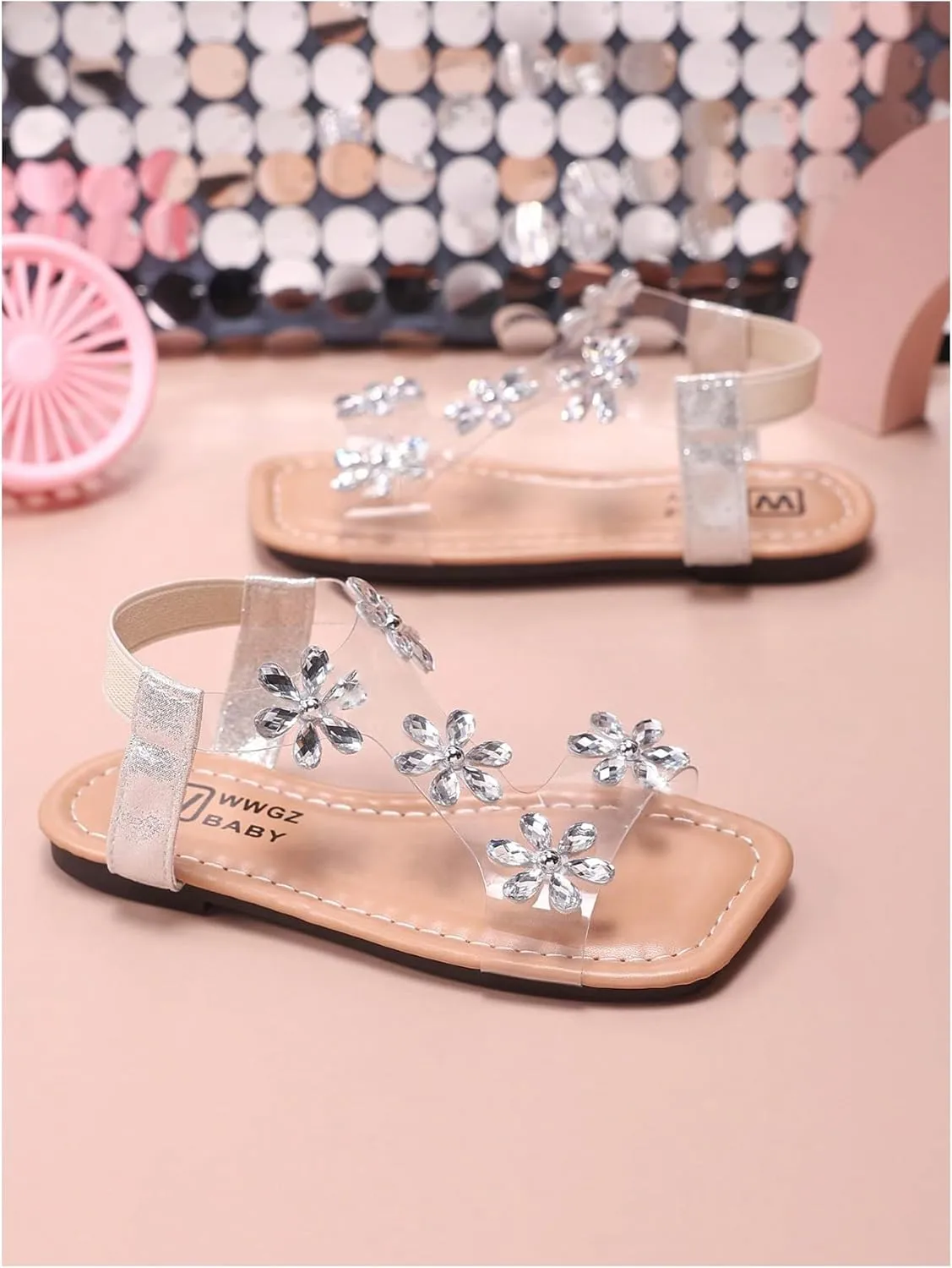 GORGLITTER Girl's Sandals Clear Butterfly Rhinestone Glitter Ankle Strap Flat Sandals Summer Beach Vacation Sandal