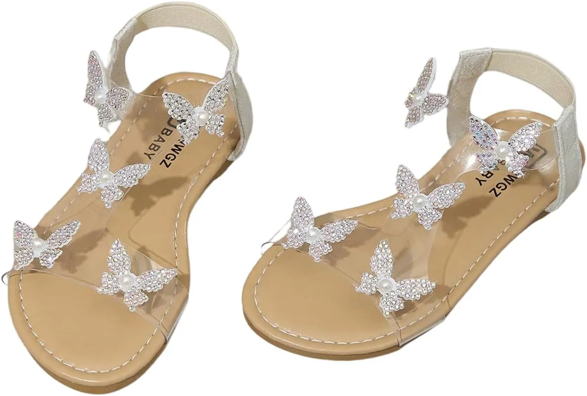 GORGLITTER Girl's Sandals Clear Butterfly Rhinestone Glitter Ankle Strap Flat Sandals Summer Beach Vacation Sandal