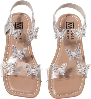 GORGLITTER Girl's Sandals Clear Butterfly Rhinestone Glitter Ankle Strap Flat Sandals Summer Beach Vacation Sandal