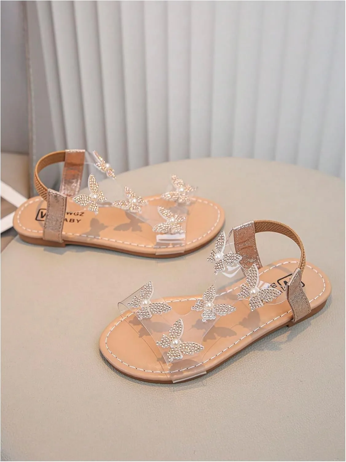 GORGLITTER Girl's Sandals Clear Butterfly Rhinestone Glitter Ankle Strap Flat Sandals Summer Beach Vacation Sandal