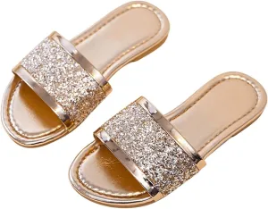 GORGLITTER Girl's Summer Glitter Rhinestone Pearls Sandals Vacation Square Open Toe Flats Shoes