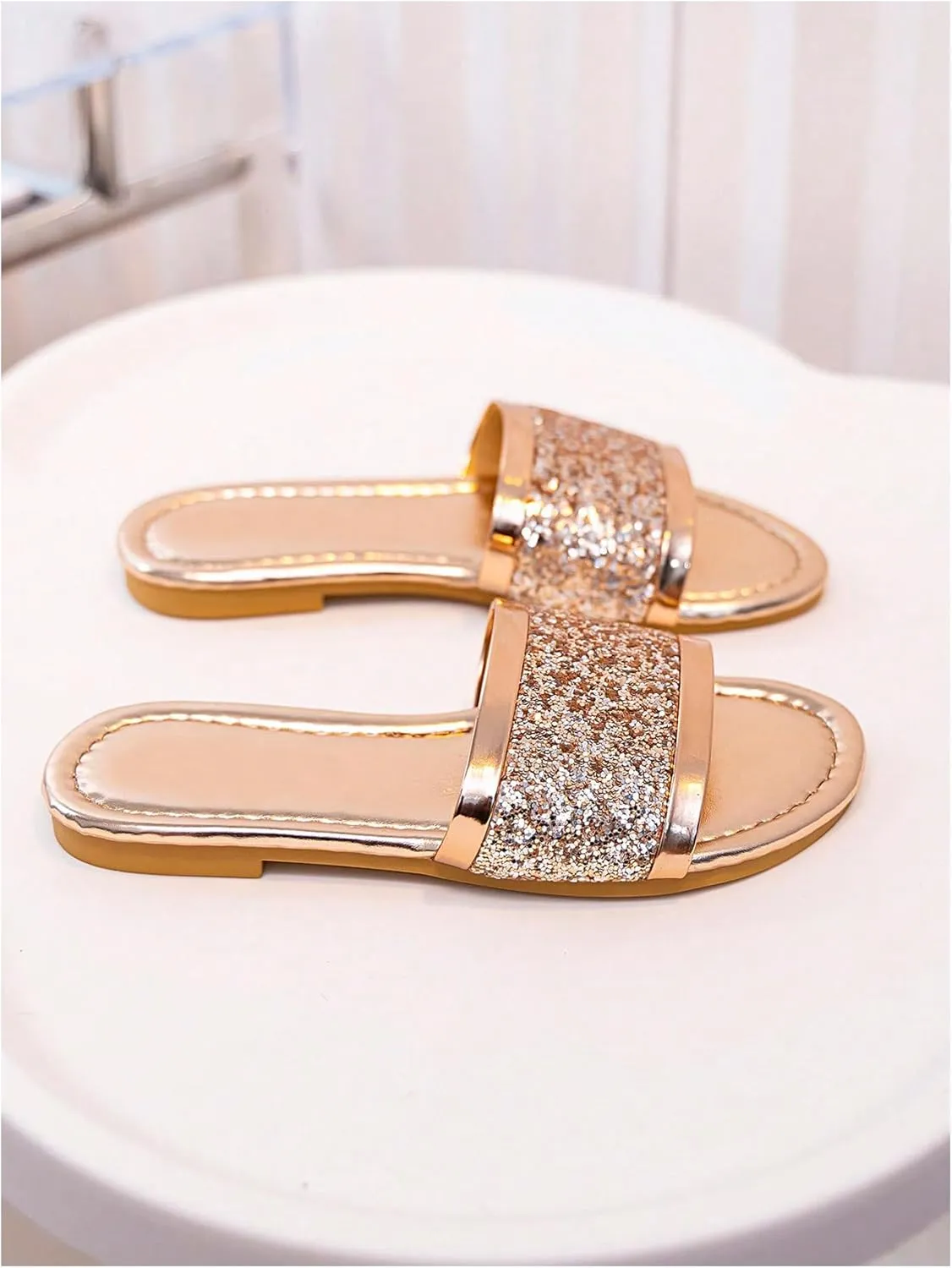 GORGLITTER Girl's Summer Glitter Rhinestone Pearls Sandals Vacation Square Open Toe Flats Shoes