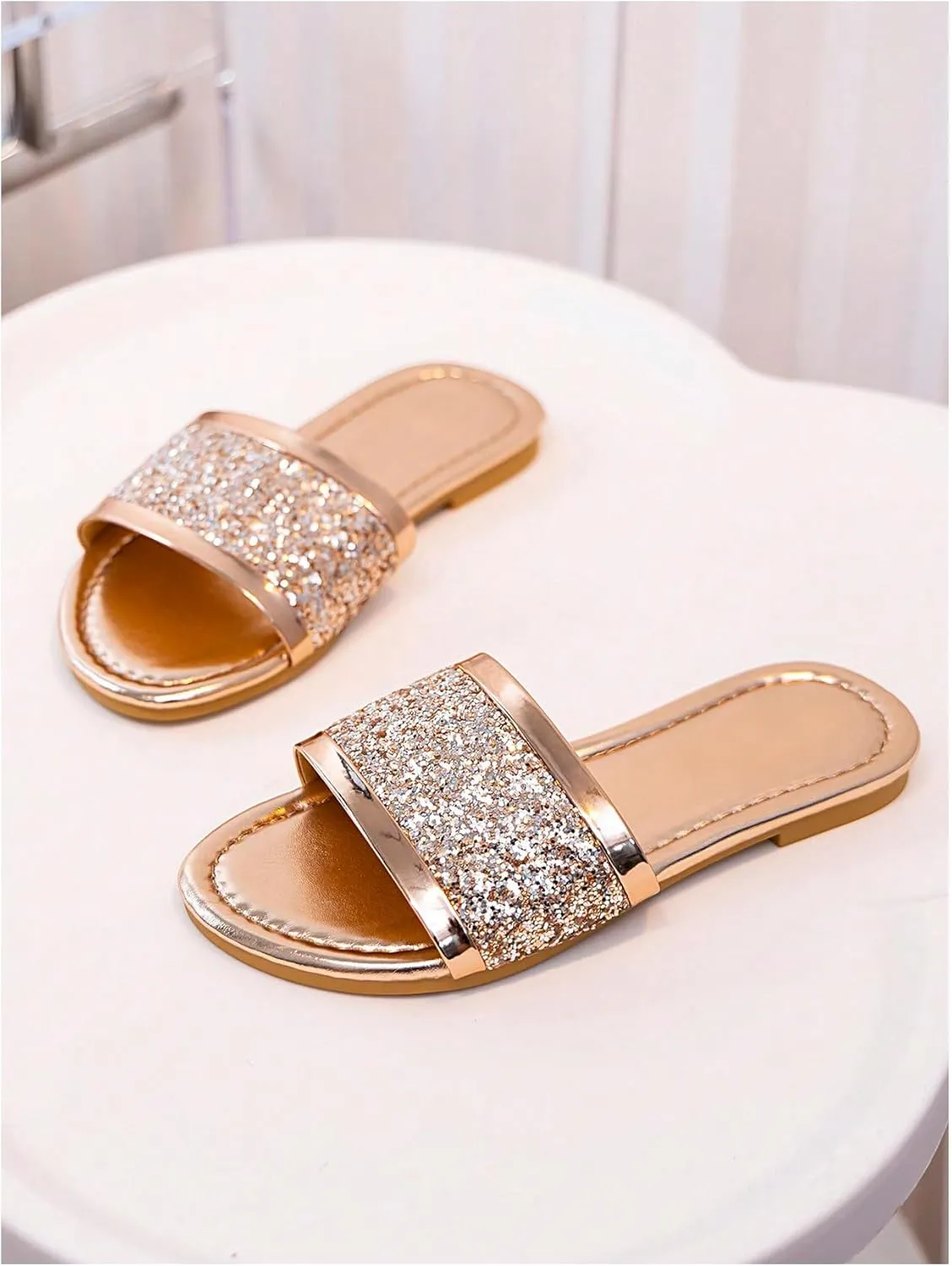GORGLITTER Girl's Summer Glitter Rhinestone Pearls Sandals Vacation Square Open Toe Flats Shoes