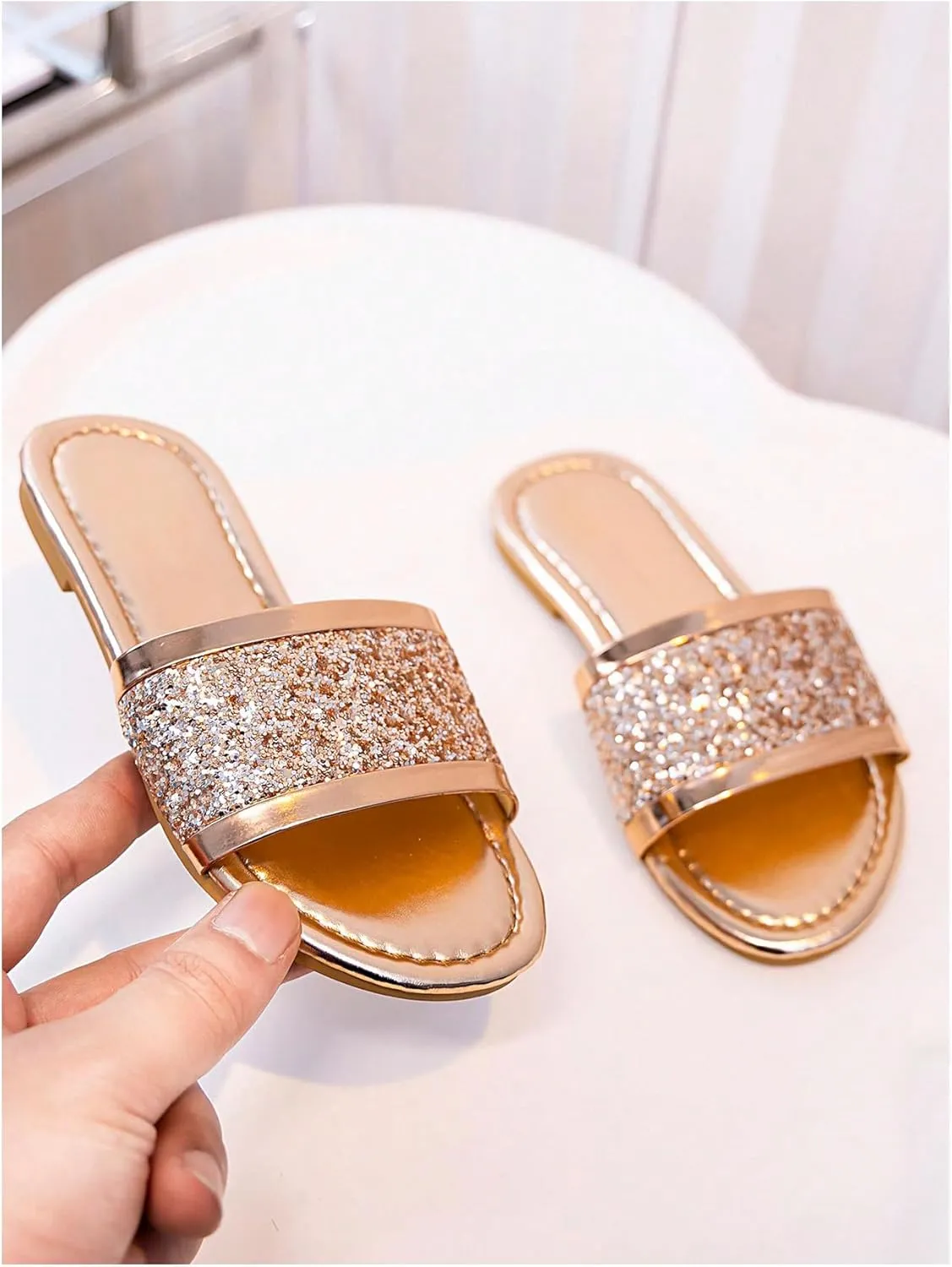 GORGLITTER Girl's Summer Glitter Rhinestone Pearls Sandals Vacation Square Open Toe Flats Shoes