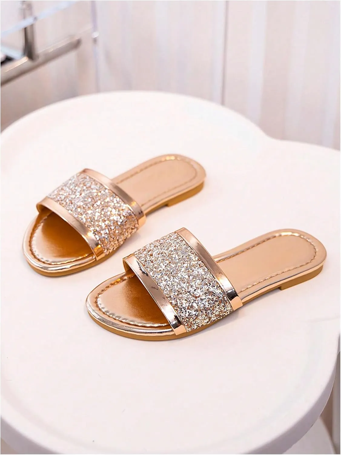 GORGLITTER Girl's Summer Glitter Rhinestone Pearls Sandals Vacation Square Open Toe Flats Shoes