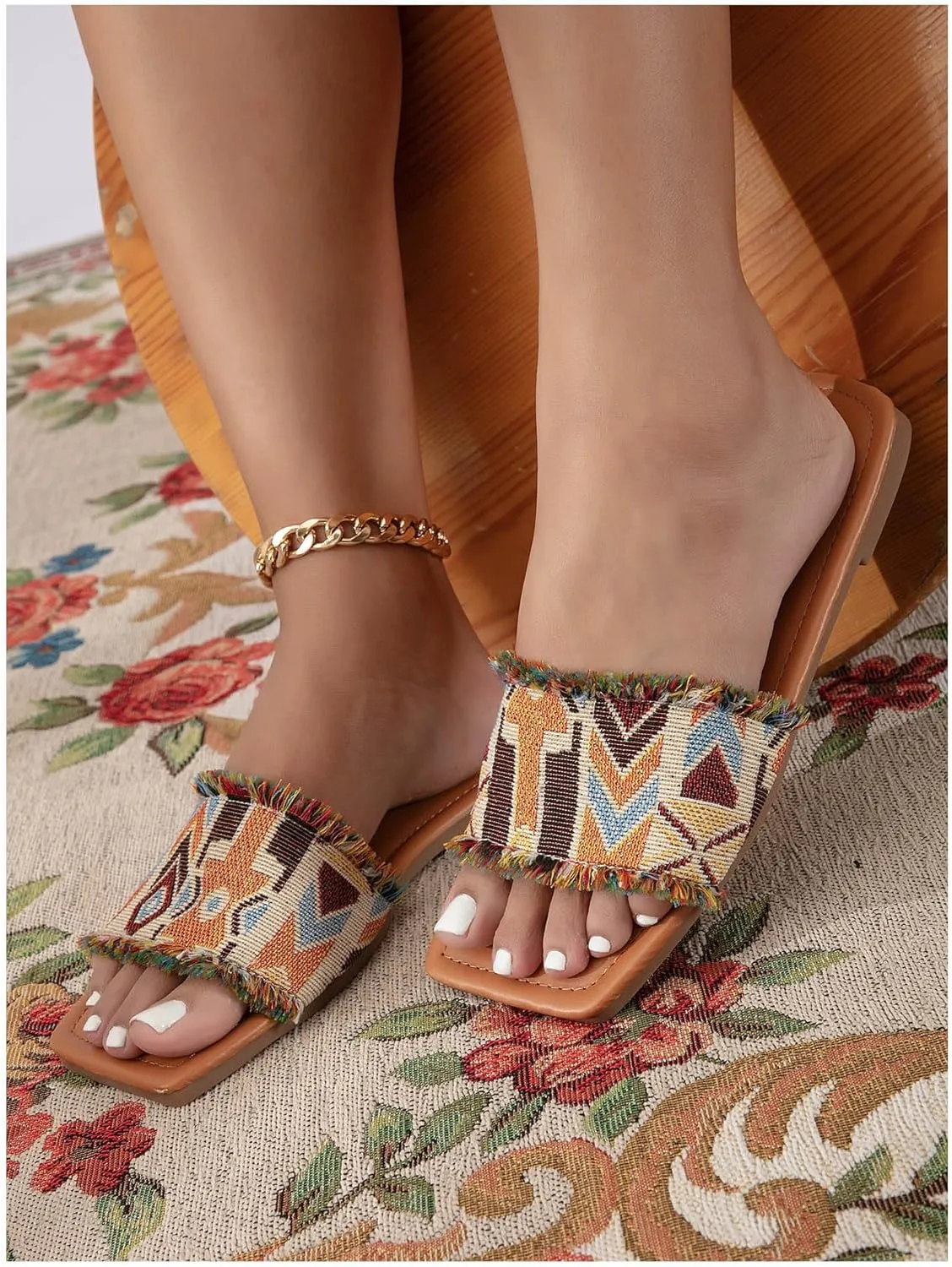 GORGLITTER Women's Boho Fringe Sandals Dressy Leather Open Toe Slip on Slide Cute Summer Vacation Beach Sandals 2025