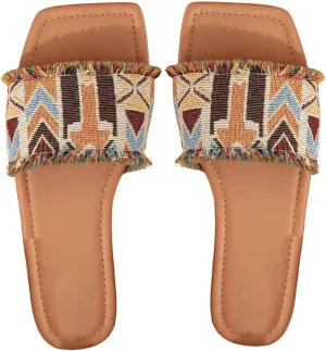 GORGLITTER Women's Boho Fringe Sandals Dressy Leather Open Toe Slip on Slide Cute Summer Vacation Beach Sandals 2025