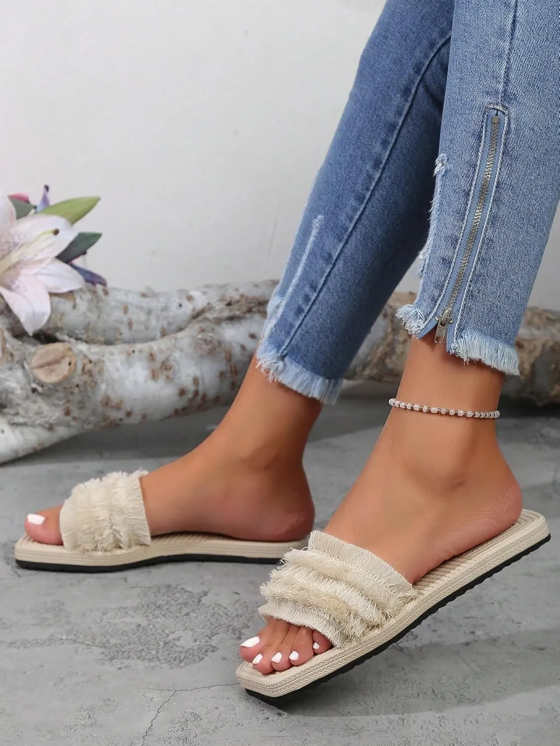 GORGLITTER Women's Boho Vacation Slide Sandals Square Open Toe Beach Summer 2025 Flats
