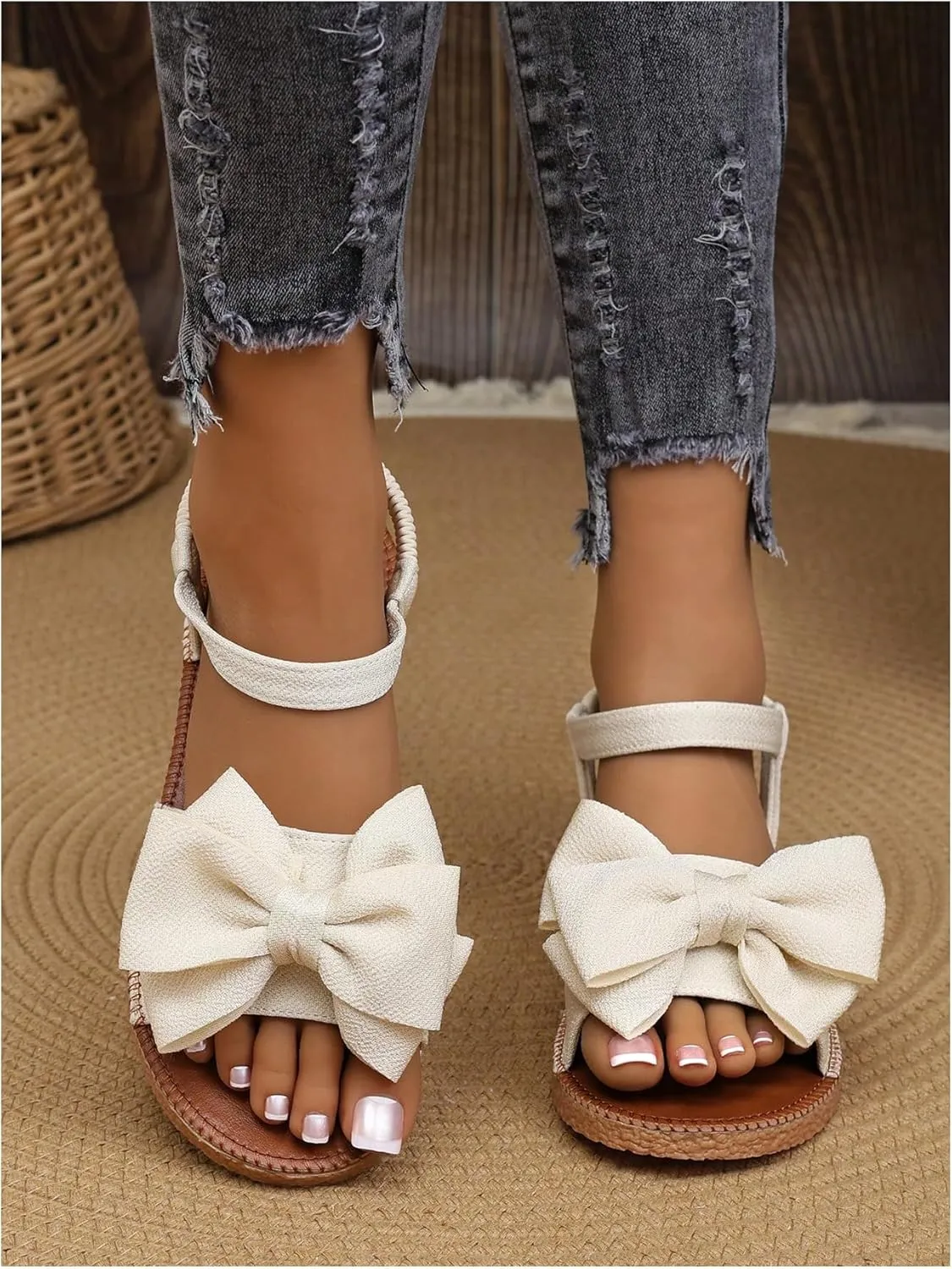 GORGLITTER Women's Bow Flat Sandals 2025 Dressy Open Toe Ankle Strap Summer Vacation Slides Shoes