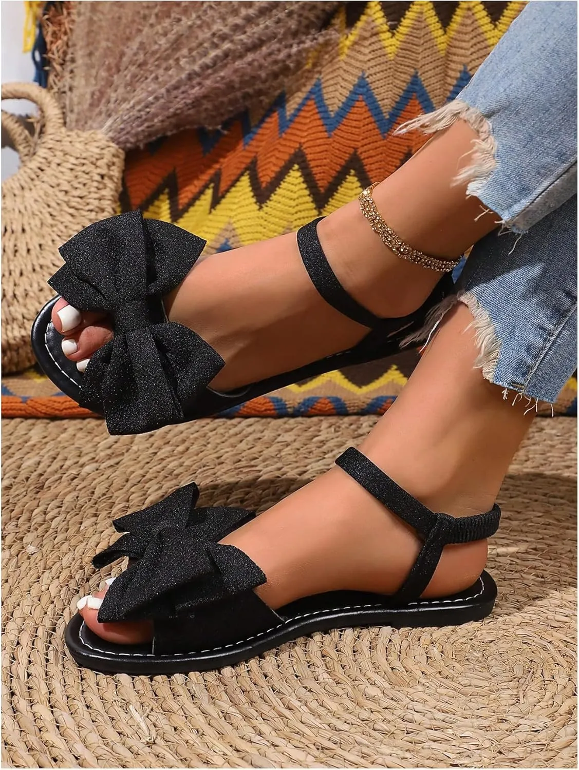 GORGLITTER Women's Bow Sandals Ankle Strap Dressy Open Toe Vacation Summer Slides Shoes