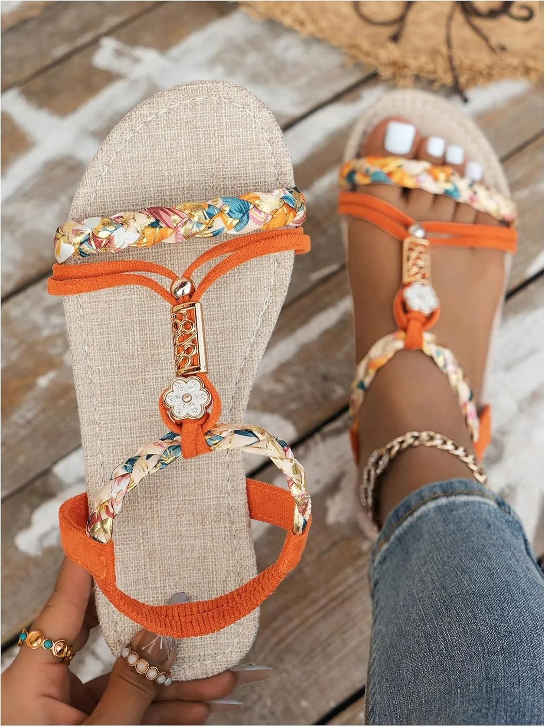 GORGLITTER Women's Braided Ankle Strap Flat Sandals Open Toe Boho Beach Vacation Sandals