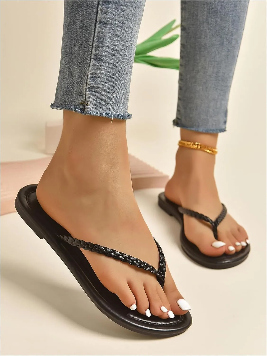GORGLITTER Women's Braided Flip Flops Dressy Minimalist Thong Flats Sandals Open Toe Vacation Beach Shoes