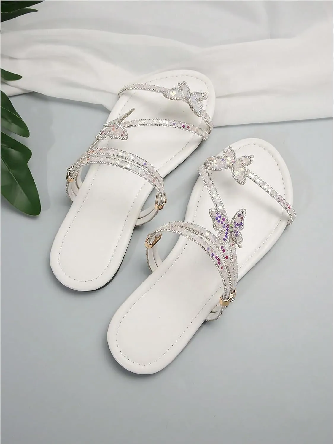 GORGLITTER Women's Butterfly Sparkly Flat Sandals Strappy Slip On Vacation Summer Slide Sandals