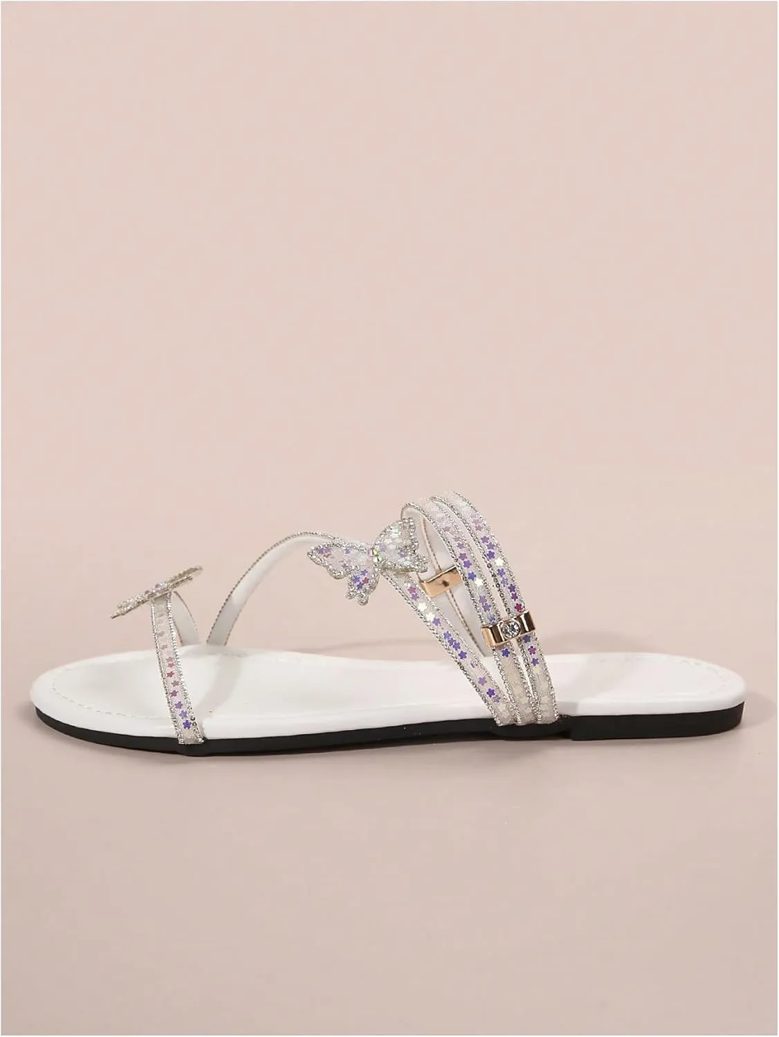 GORGLITTER Women's Butterfly Sparkly Flat Sandals Strappy Slip On Vacation Summer Slide Sandals