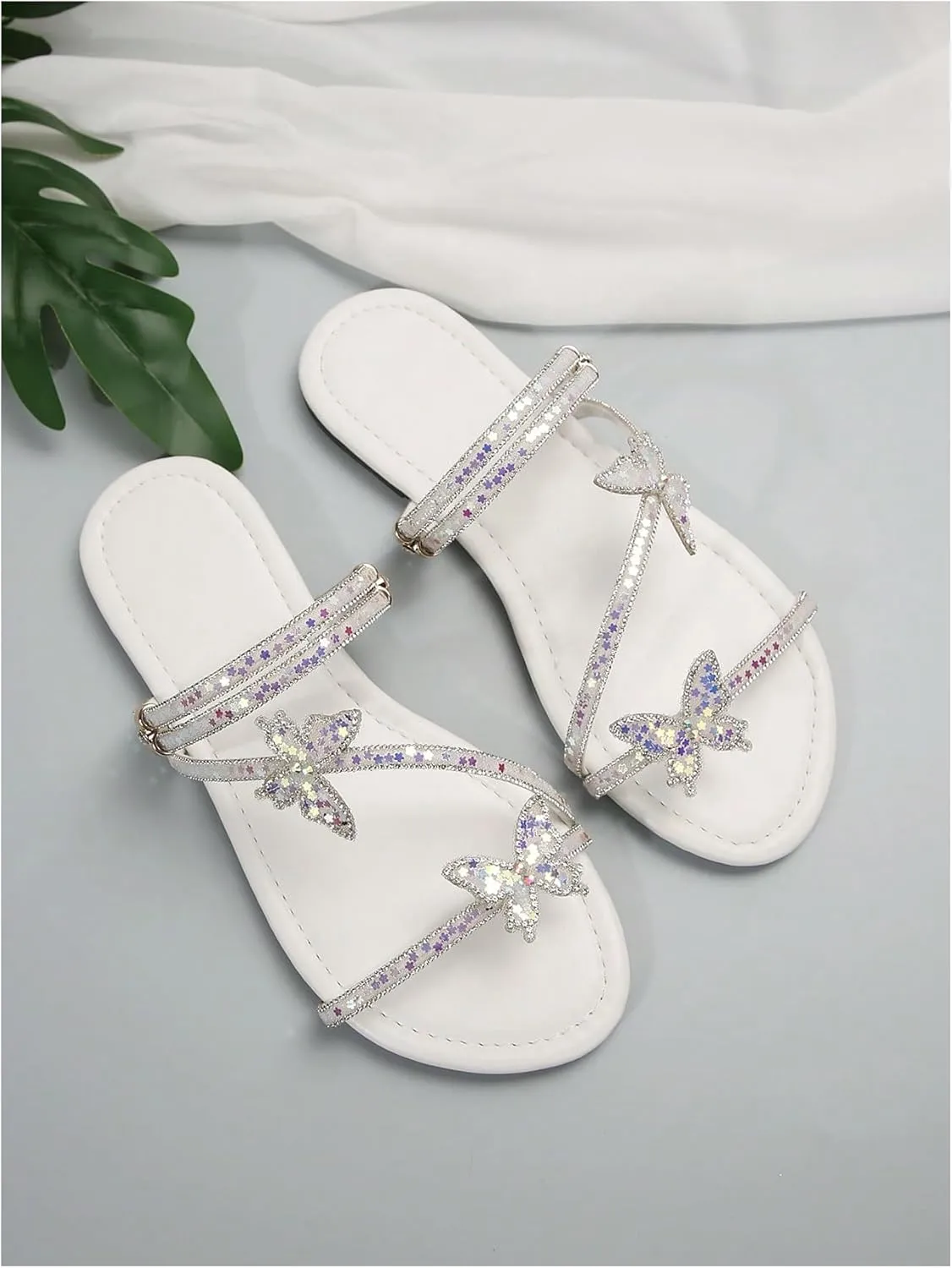 GORGLITTER Women's Butterfly Sparkly Flat Sandals Strappy Slip On Vacation Summer Slide Sandals