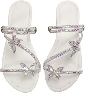 GORGLITTER Women's Butterfly Sparkly Flat Sandals Strappy Slip On Vacation Summer Slide Sandals