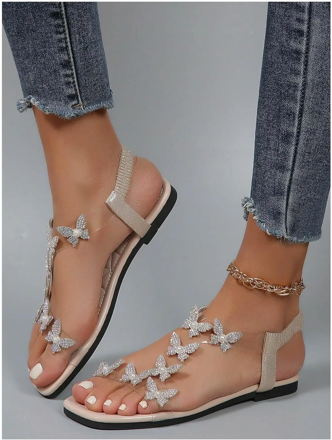 GORGLITTER Women's Clear Butterfly Ankle Strap Sandals Dressy Cute Strappy Wedding Vacation Bridal Flats Sandal 2025