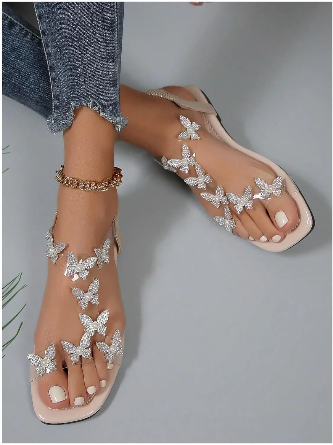 GORGLITTER Women's Clear Butterfly Ankle Strap Sandals Dressy Cute Strappy Wedding Vacation Bridal Flats Sandal 2025