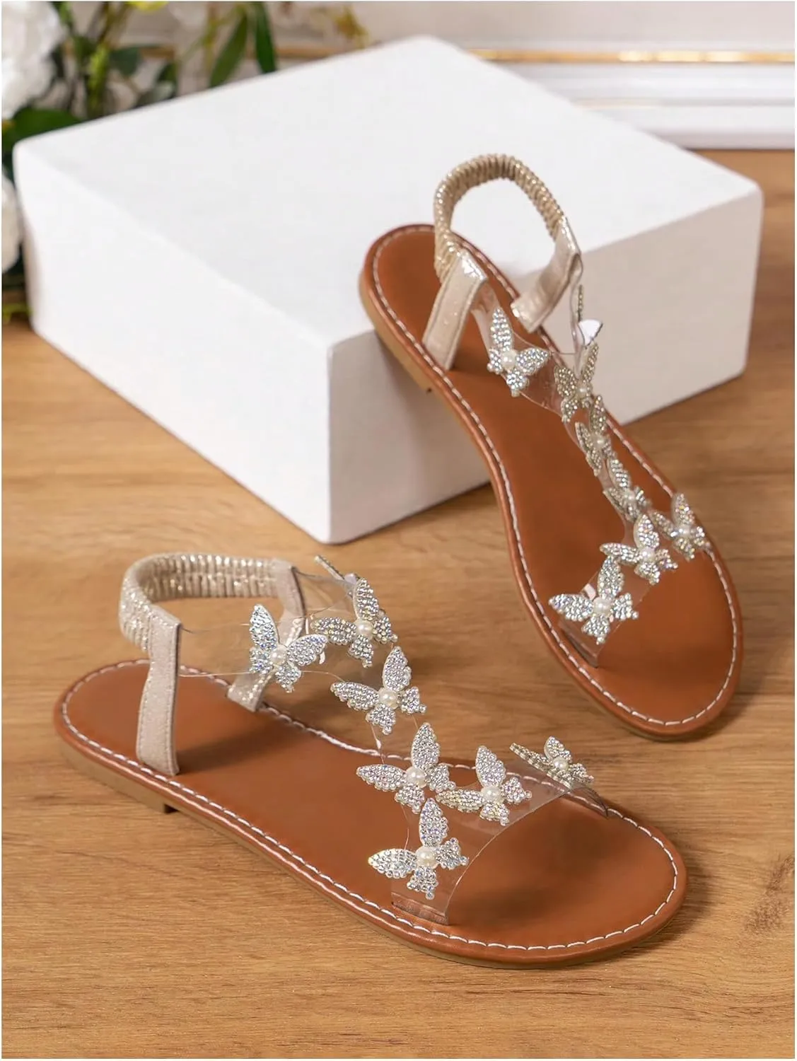 GORGLITTER Women's Clear Butterfly Ankle Strap Sandals Dressy Cute Strappy Wedding Vacation Bridal Flats Sandal 2025