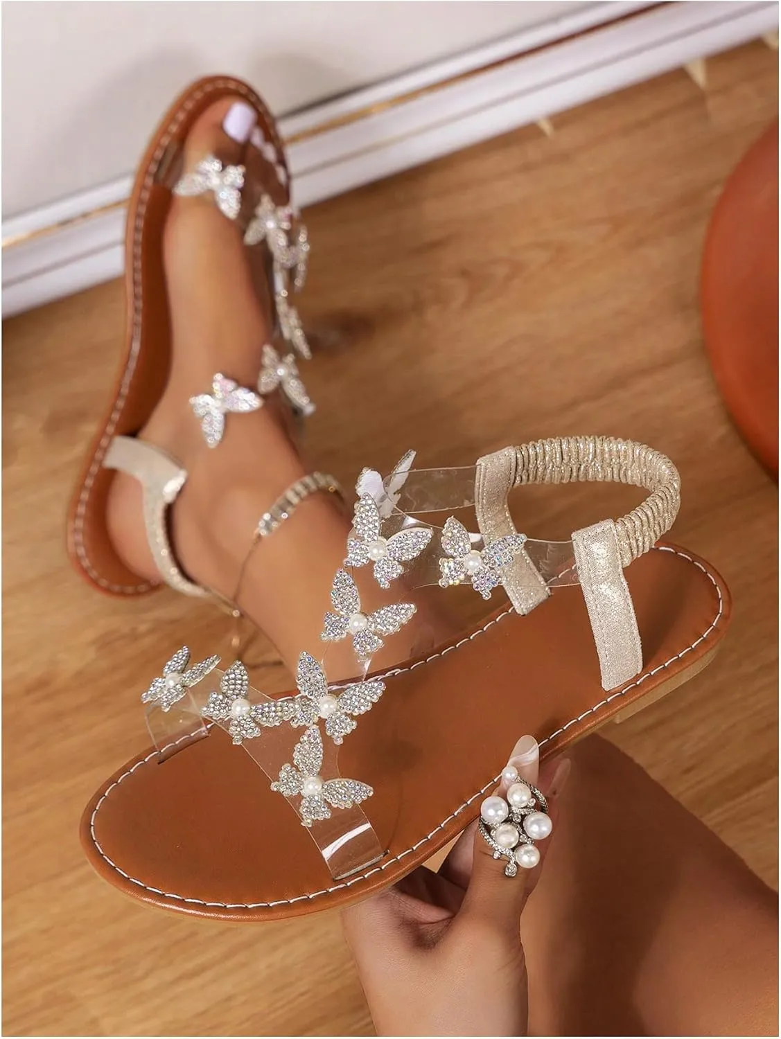 GORGLITTER Women's Clear Butterfly Ankle Strap Sandals Dressy Cute Strappy Wedding Vacation Bridal Flats Sandal 2025