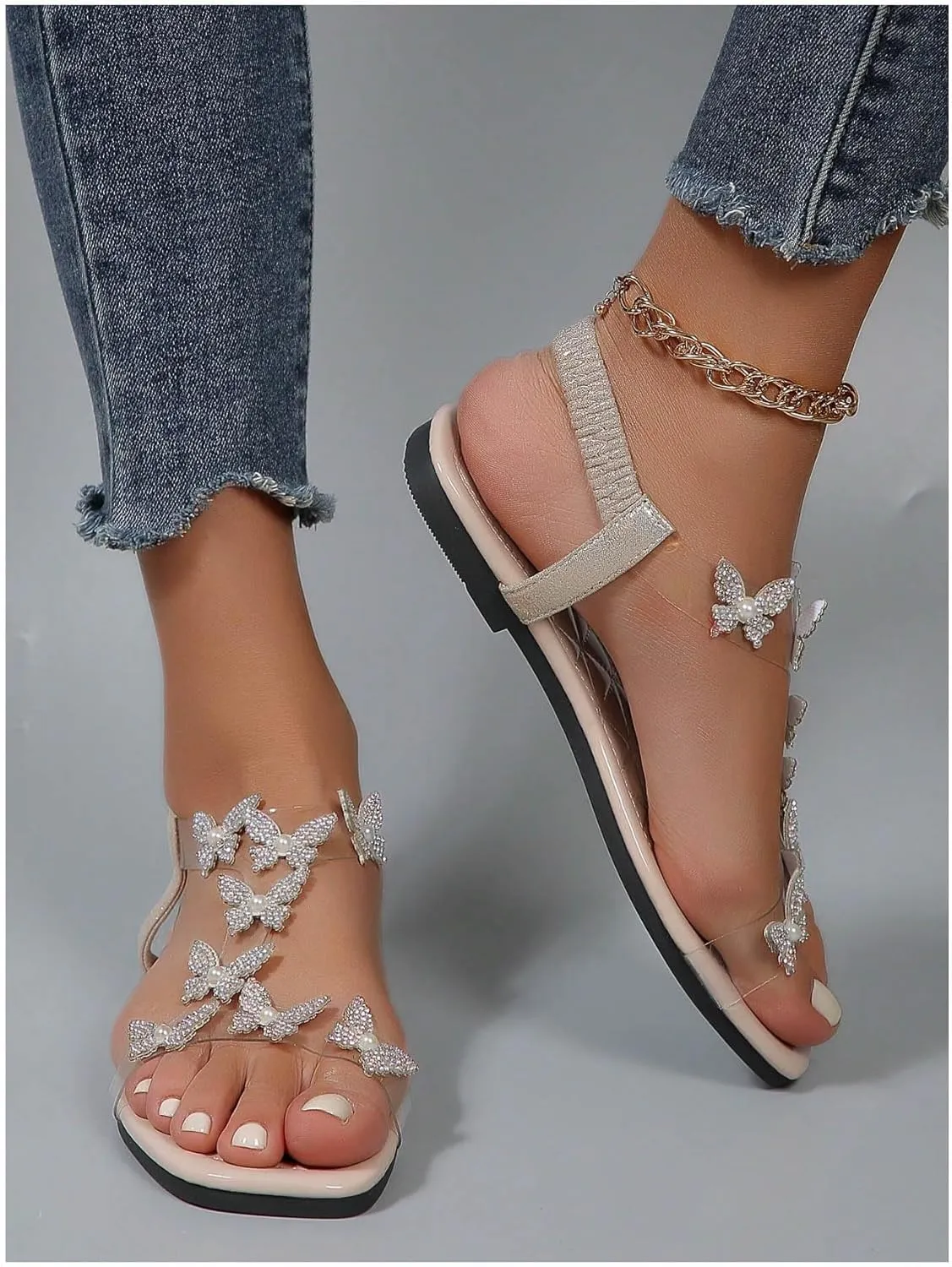 GORGLITTER Women's Clear Butterfly Ankle Strap Sandals Dressy Cute Strappy Wedding Vacation Bridal Flats Sandal 2025