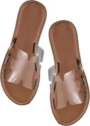 GORGLITTER Women's Clear Sandals Rhinestone Summer Vacation Beach Flats Slippers Open Toe Slide Sandals