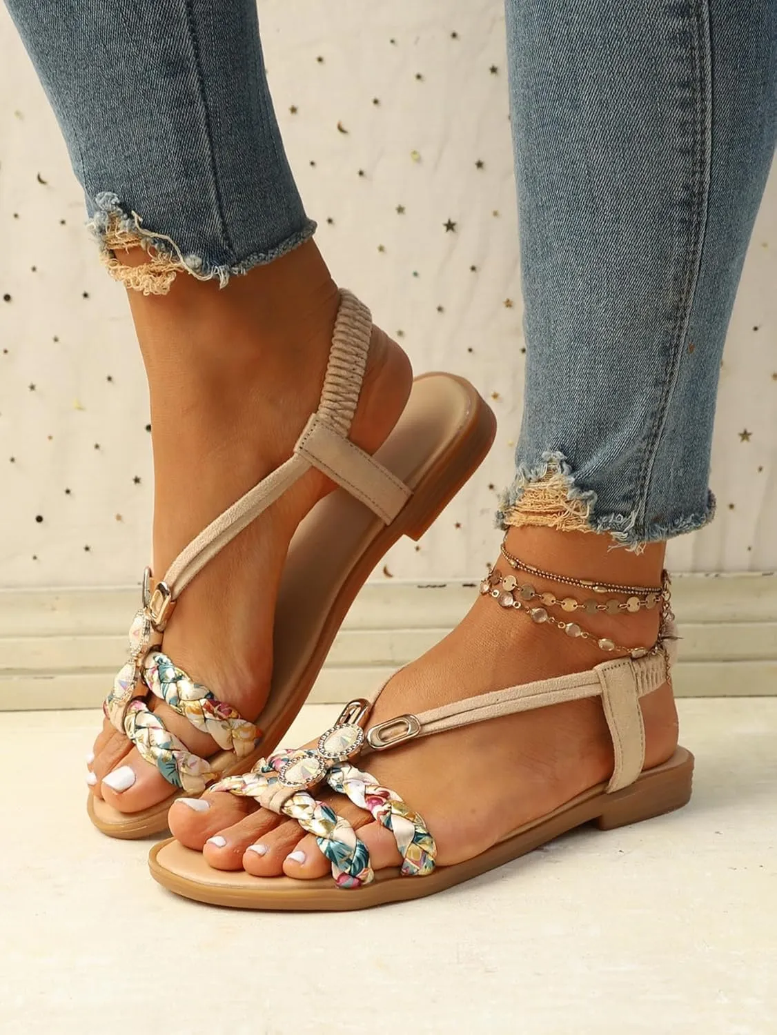 GORGLITTER Women's Floral Decor Braided Ribbon Vacation Flats Open Toe Slingback Straw Sandals