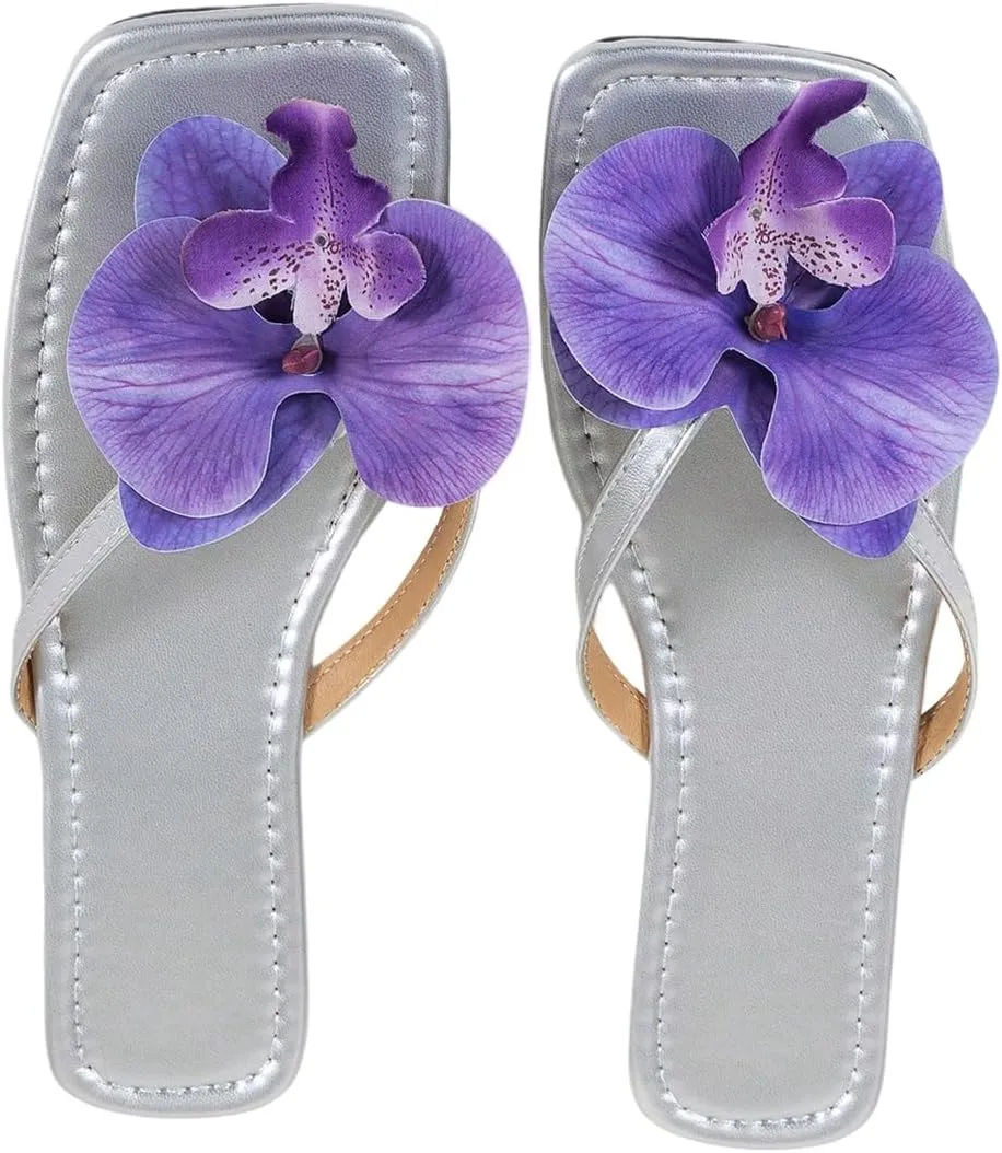 GORGLITTER Women's Flower Flat Sandals Dressy Flip Flops Square Open Toe Thong Vacation Summer 2025 Slides Shoes