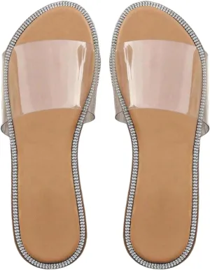 GORGLITTER Women's Metallic Clear Sandals Dressy Summer Transparent Open Toe Slip On Slides Vacation Beach Flats Sandal