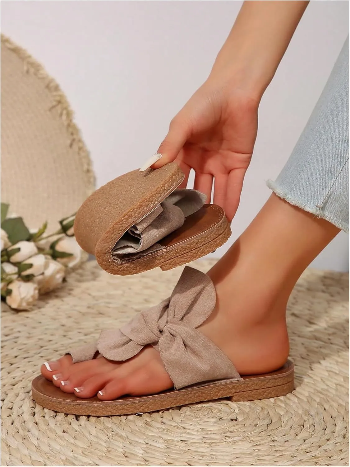 GORGLITTER Women's Rainbow Bow Tie Flat Beach Sandals 2025 Vacation Open Toe Thong Sandals Summer Slides Shoes