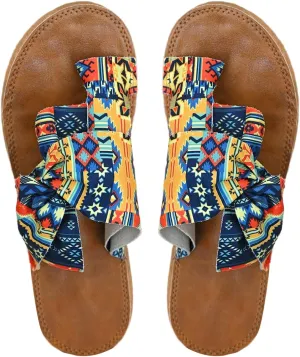GORGLITTER Women's Rainbow Bow Tie Flat Beach Sandals 2025 Vacation Open Toe Thong Sandals Summer Slides Shoes