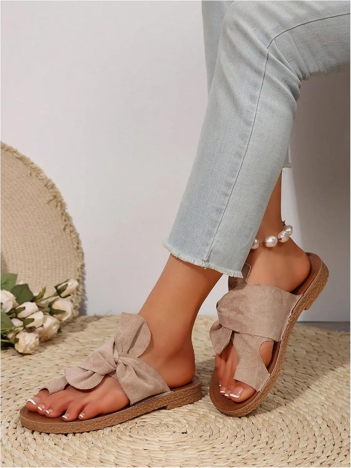 GORGLITTER Women's Rainbow Bow Tie Flat Beach Sandals 2025 Vacation Open Toe Thong Sandals Summer Slides Shoes