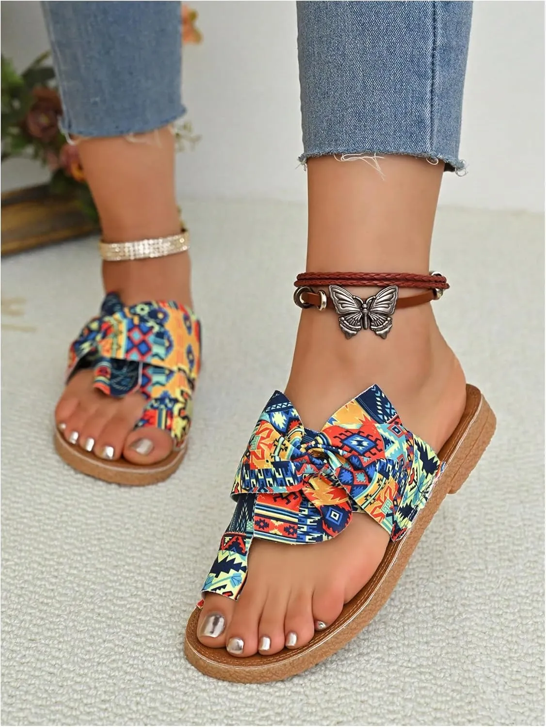 GORGLITTER Women's Rainbow Bow Tie Flat Beach Sandals 2025 Vacation Open Toe Thong Sandals Summer Slides Shoes