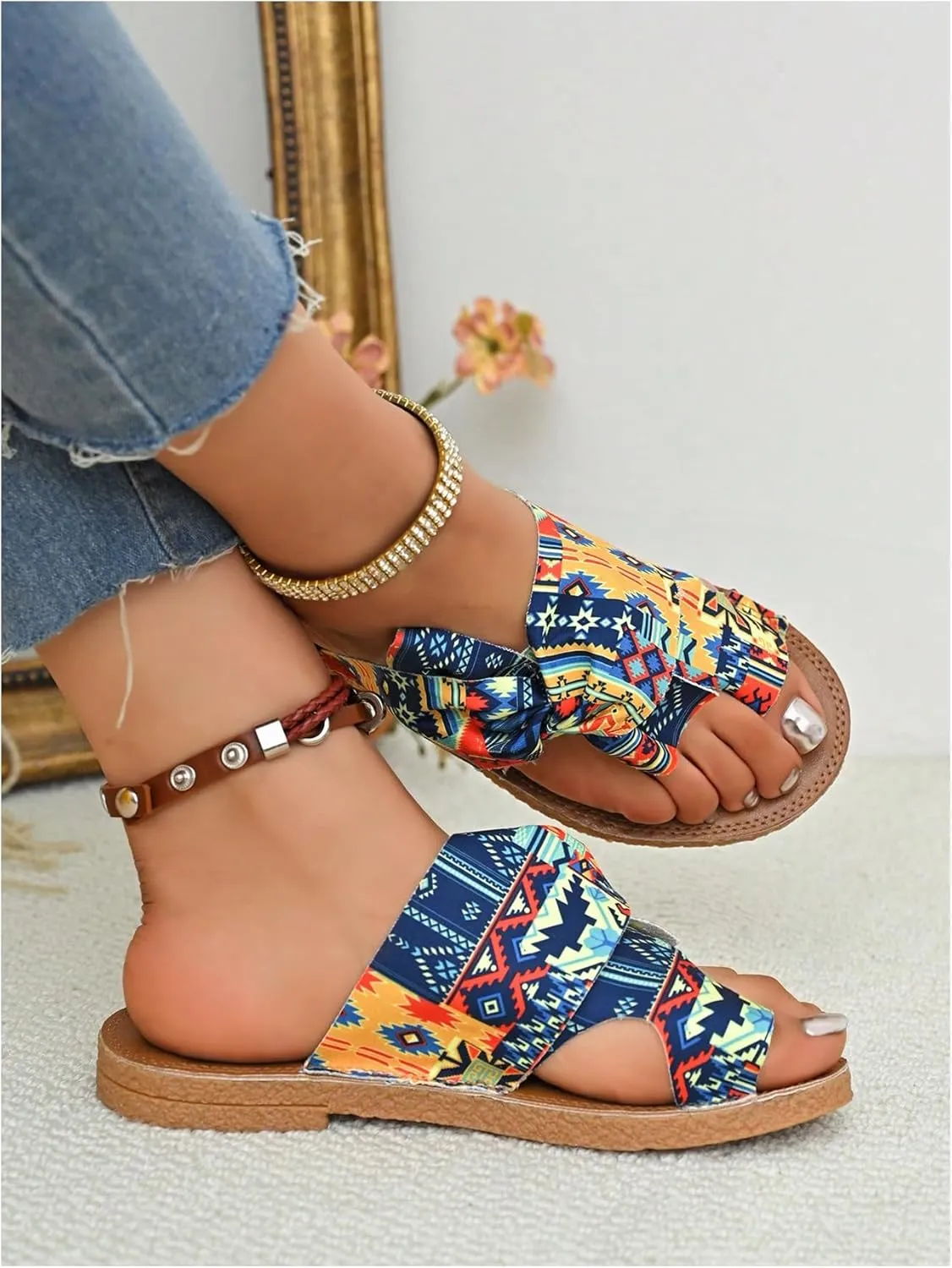GORGLITTER Women's Rainbow Bow Tie Flat Beach Sandals 2025 Vacation Open Toe Thong Sandals Summer Slides Shoes