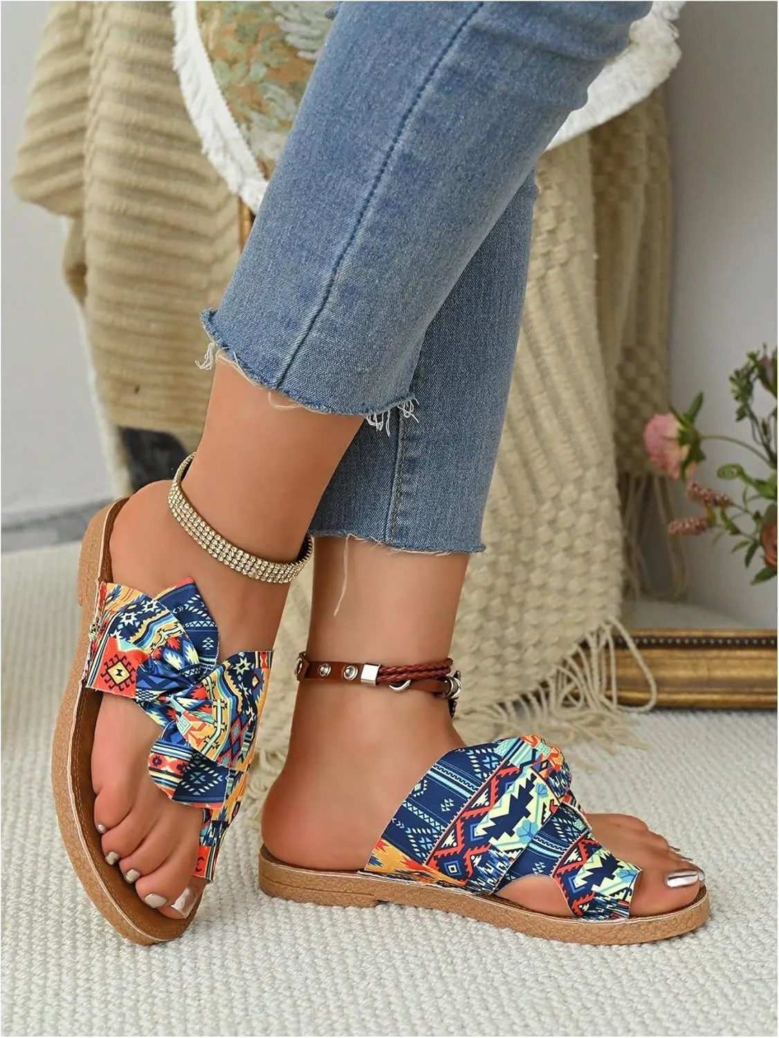 GORGLITTER Women's Rainbow Bow Tie Flat Beach Sandals 2025 Vacation Open Toe Thong Sandals Summer Slides Shoes