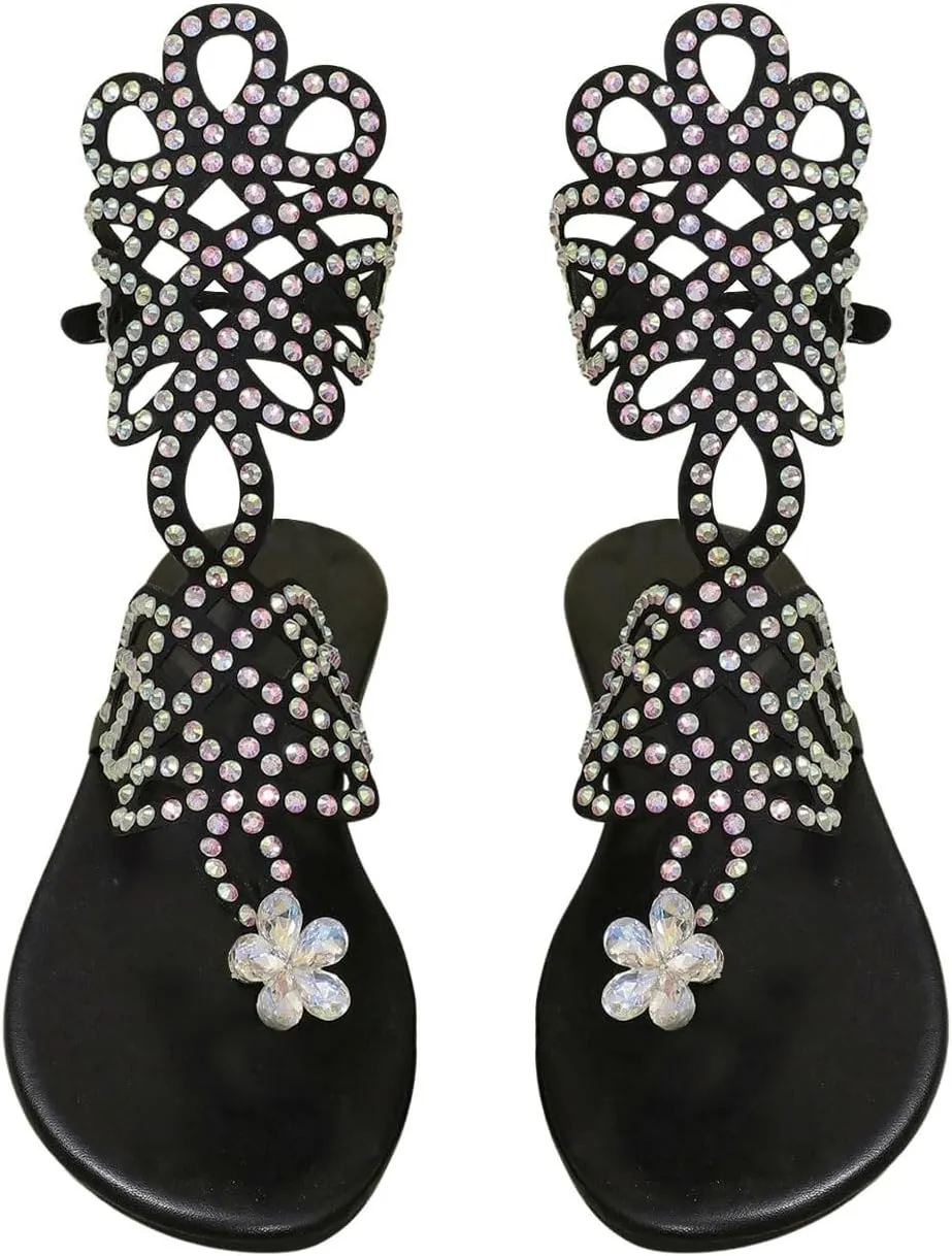 GORGLITTER Women's Rhinestone Sparkly Flat Sandals Dressy Glitter Open Toe Vacation Sandal Flats