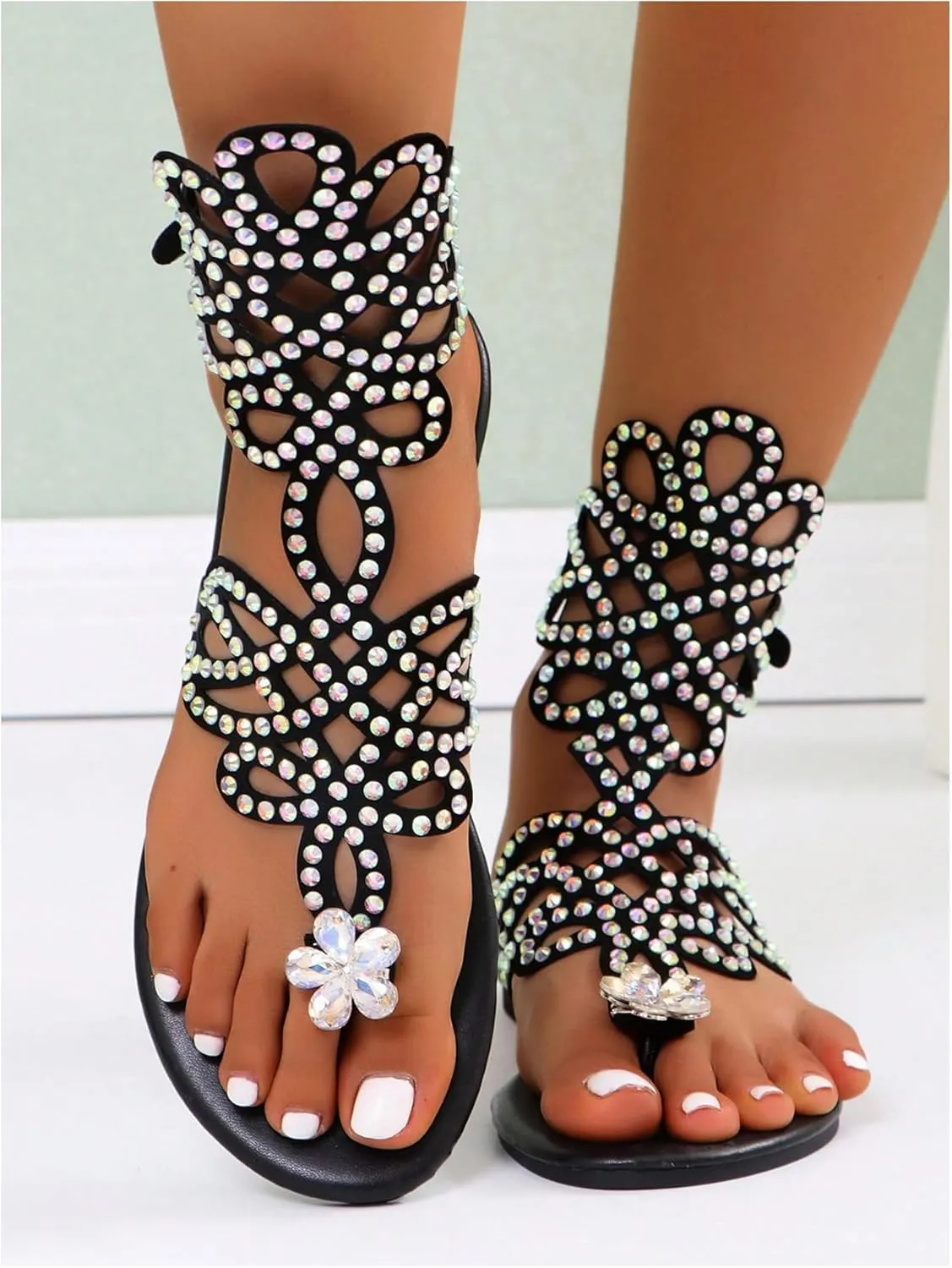 GORGLITTER Women's Rhinestone Sparkly Flat Sandals Dressy Glitter Open Toe Vacation Sandal Flats